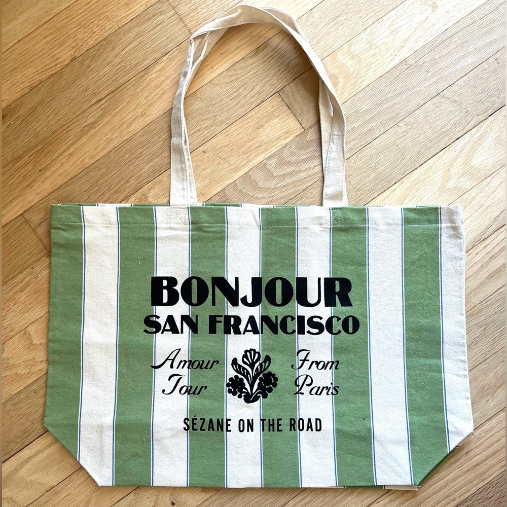 Sezane San Francisco Green and Cream Striped Canvas Tote Bag